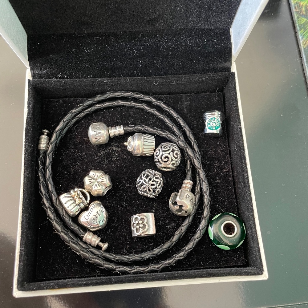 2 Pandora Leather Bracelets & 7 Pandora Charms